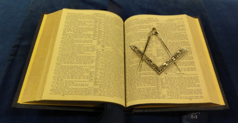 Holy Bible, Square, and Compass, arranged for the second degree in the Book of Amos.