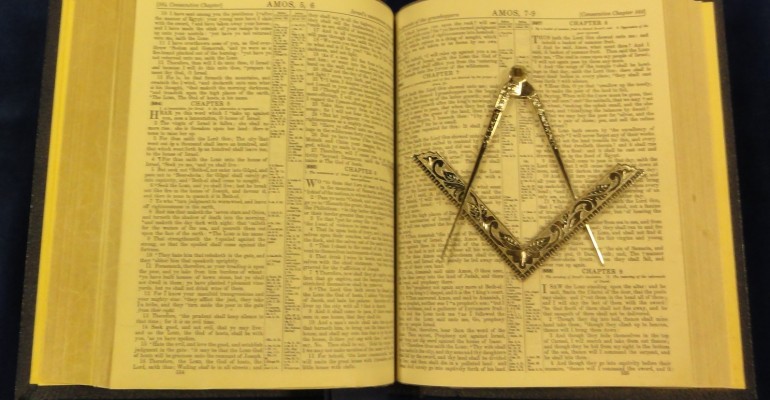 Holy Bible, Square, and Compass, arranged for the second degree in the Book of Amos.